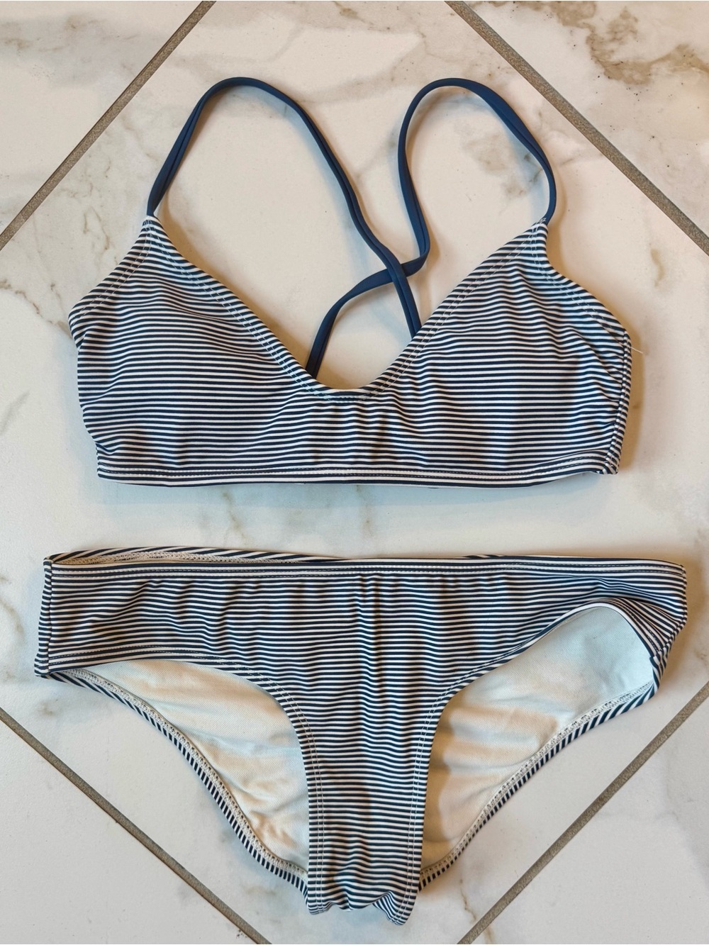 Xhilaration Navy and White Striped Strappy Bikini Set, Top XS, Bottoms S